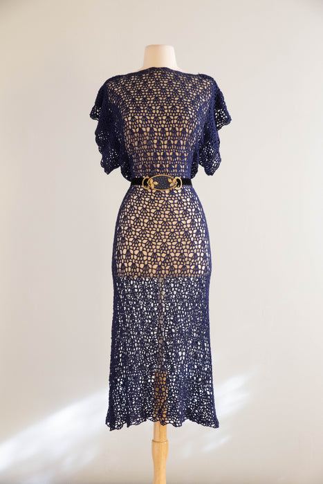 Stunning 1930's Sapphire Blue Hand-Crocheted Dress with Matching Belt / SM