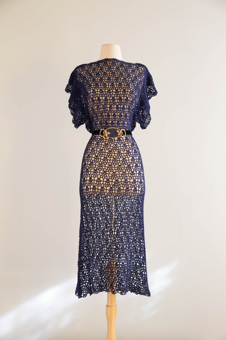 Stunning 1930's Sapphire Blue Hand-Crocheted Dress with Matching Belt / SM