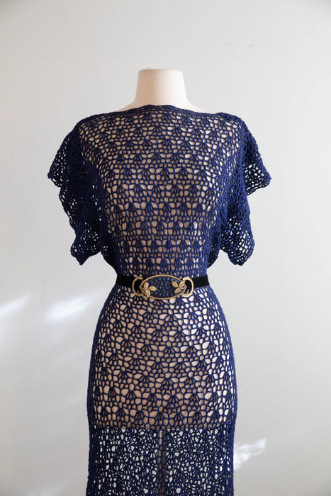 Stunning 1930's Sapphire Blue Hand-Crocheted Dress with Matching Belt / SM