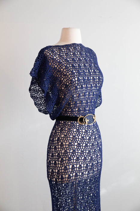 Stunning 1930's Sapphire Blue Hand-Crocheted Dress with Matching Belt / SM