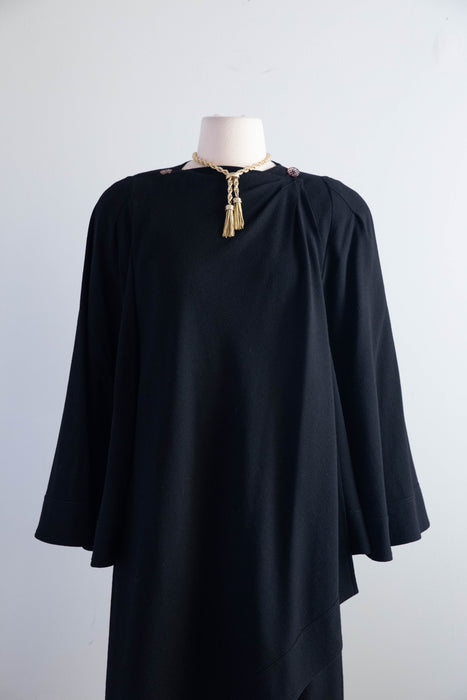Iconic 1970s Jean Muir Black Wool Crepe Wrap Coat With Bell Sleeves / M