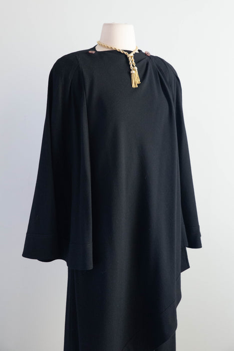 Iconic 1970s Jean Muir Black Wool Crepe Wrap Coat With Bell Sleeves / M