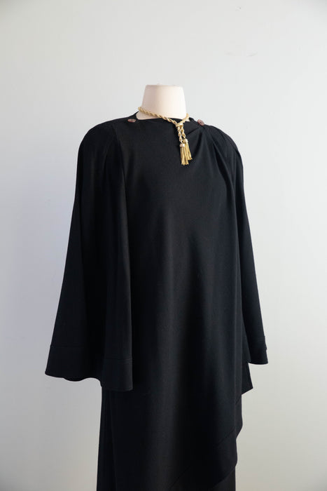 Iconic 1970s Jean Muir Black Wool Crepe Wrap Coat With Bell Sleeves / M