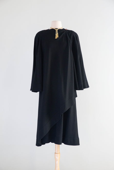 Iconic 1970s Jean Muir Black Wool Crepe Wrap Coat With Bell Sleeves / M