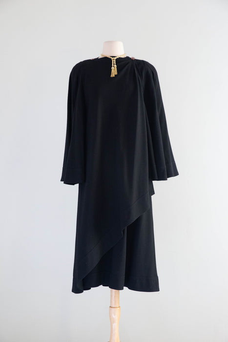 Iconic 1970s Jean Muir Black Wool Crepe Wrap Coat With Bell Sleeves / M