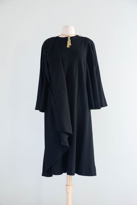 Iconic 1970s Jean Muir Black Wool Crepe Wrap Coat With Bell Sleeves / M
