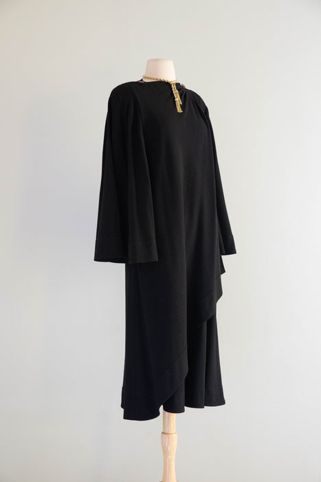 Iconic 1970s Jean Muir Black Wool Crepe Wrap Coat With Bell Sleeves / M