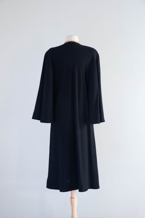 Iconic 1970s Jean Muir Black Wool Crepe Wrap Coat With Bell Sleeves / M