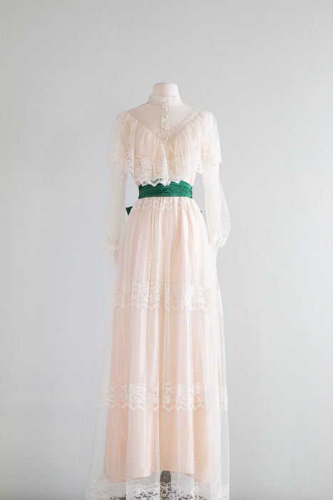 Romantic Edwardian Inspired 1970's Lace Formal Gown With Emerald Sash / SM