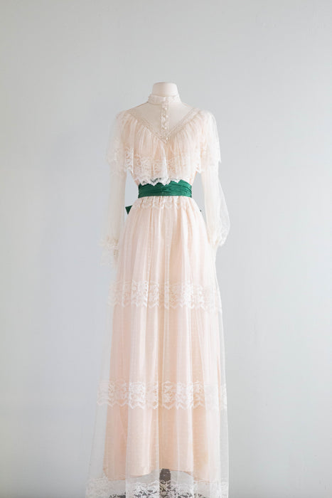 Romantic Edwardian Inspired 1970's Lace Formal Gown With Emerald Sash Xtabay Vintage Romantic Edwardian Inspired 1970's Lace Formal Gown With Emerald Sash Xtabay Vintage