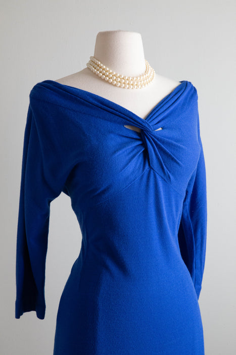 Late 1950's Joan Holloway Royal Blue Knit Wiggle Dress / ML