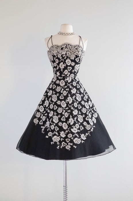 Exquisite 1950's Black Net Party Dress With Lace Appliqués / SM