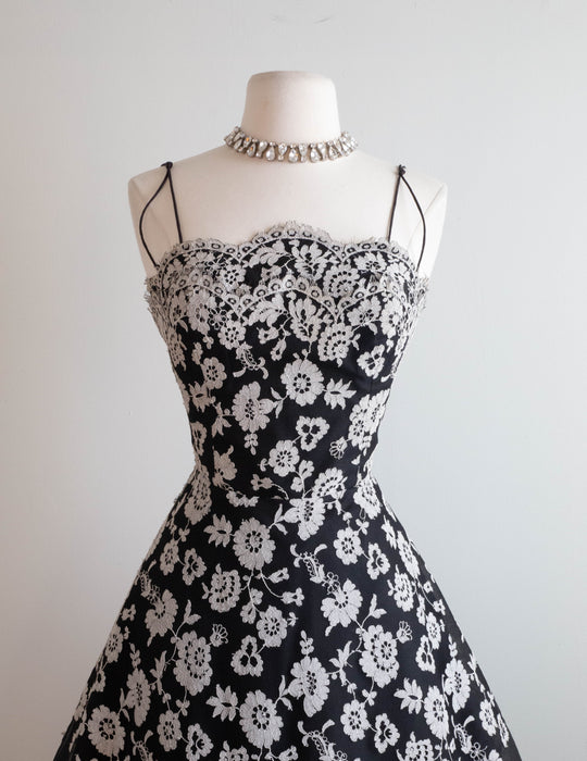 Exquisite 1950's Black Net Party Dress With Lace Appliqués / SM
