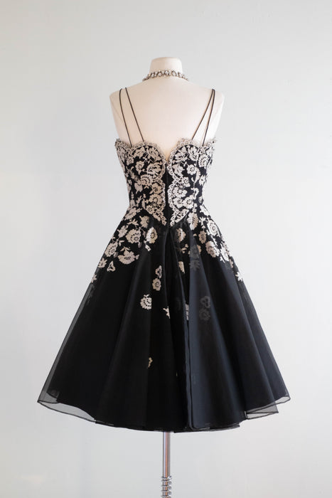 Exquisite 1950's Black Net Party Dress With Lace Appliqués / SM
