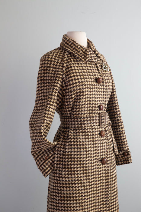 Rare 1950's Ladies Burberrys Wool Houndstooth Trench Coat / Medium