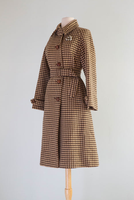 Rare 1950's Ladies Burberrys Wool Houndstooth Trench Coat / Medium