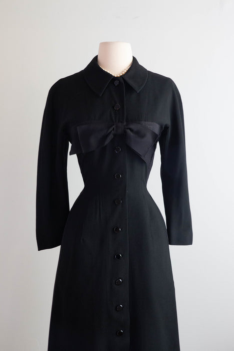 Elegant 1950's I. Magnin Hourglass Dress With Glass Buttons & Bow / SM