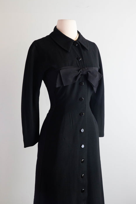 Elegant 1950's I. Magnin Hourglass Dress With Glass Buttons & Bow / SM