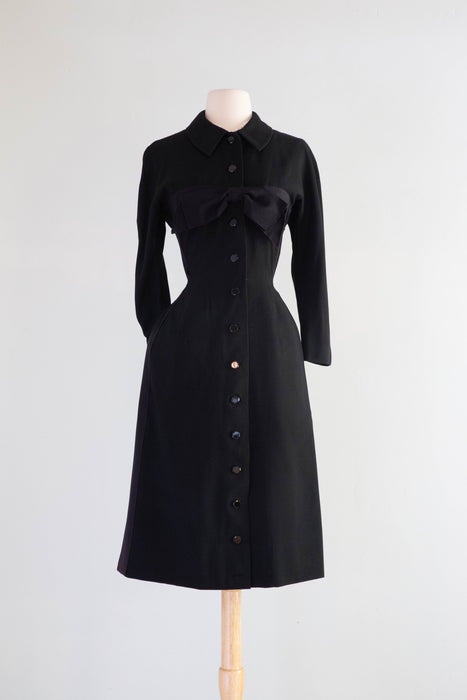 Elegant 1950's I. Magnin Hourglass Dress With Glass Buttons & Bow / SM