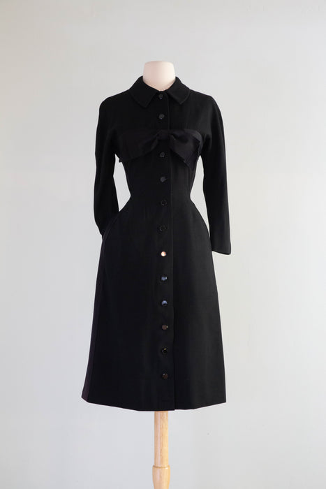 Elegant 1950's I. Magnin Hourglass Dress With Glass Buttons & Bow / SM