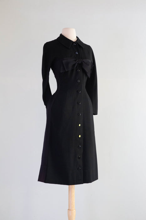 Elegant 1950's I. Magnin Hourglass Dress With Glass Buttons & Bow / SM