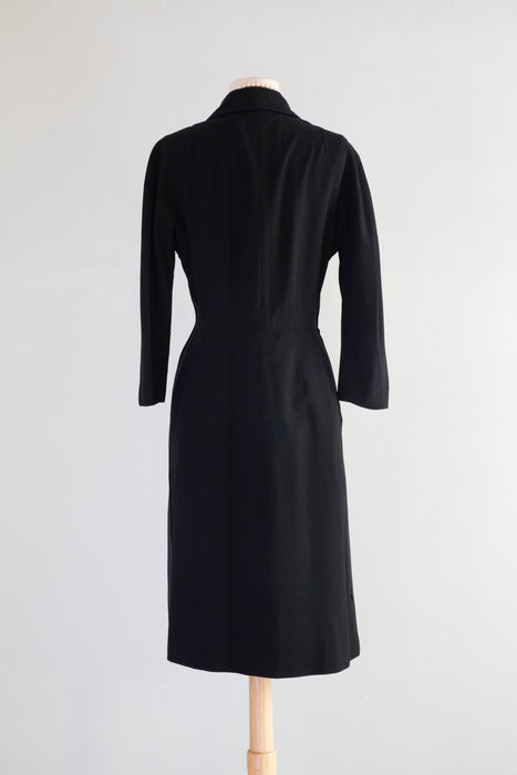 Elegant 1950's I. Magnin Hourglass Dress With Glass Buttons & Bow / SM