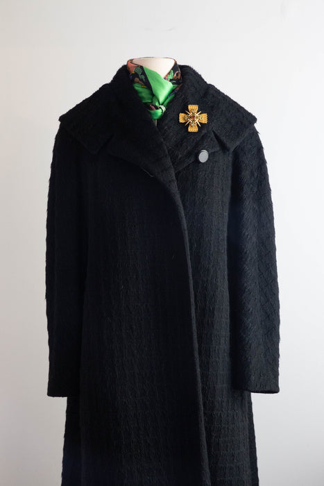 Dramatic 1950's Window Pane Black Forstmann Wool Cocoon Coat / ML