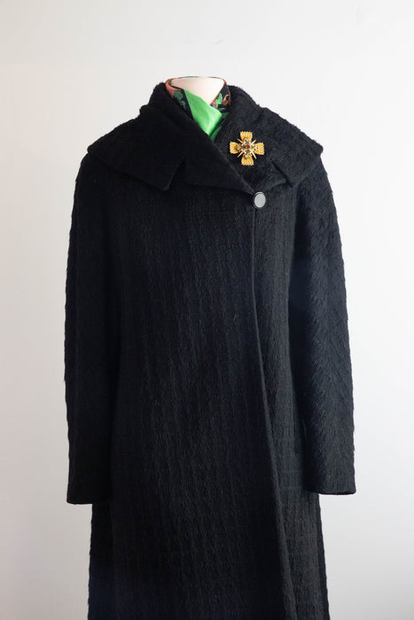 Dramatic 1950's Window Pane Black Forstmann Wool Cocoon Coat / ML