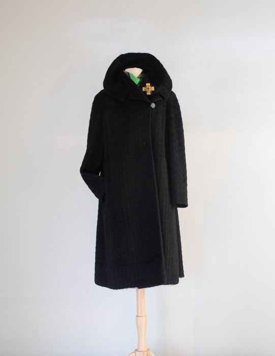 Dramatic 1950's Window Pane Black Forstmann Wool Cocoon Coat / ML