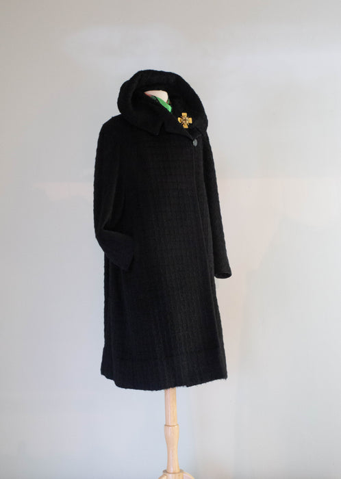 Dramatic 1950's Window Pane Black Forstmann Wool Cocoon Coat / ML