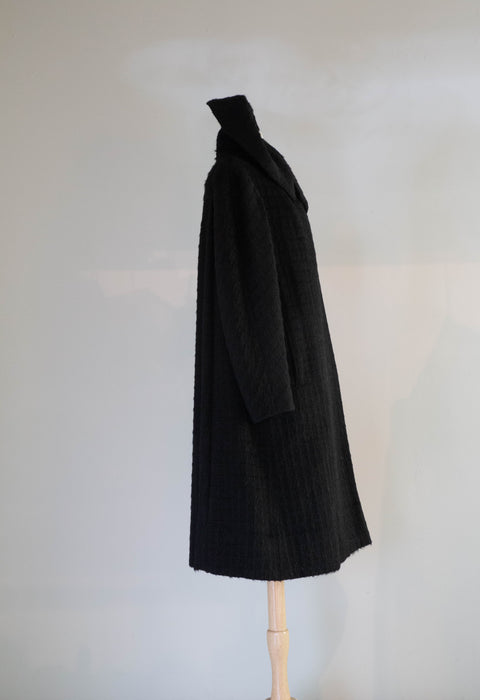 Dramatic 1950's Window Pane Black Forstmann Wool Cocoon Coat / ML