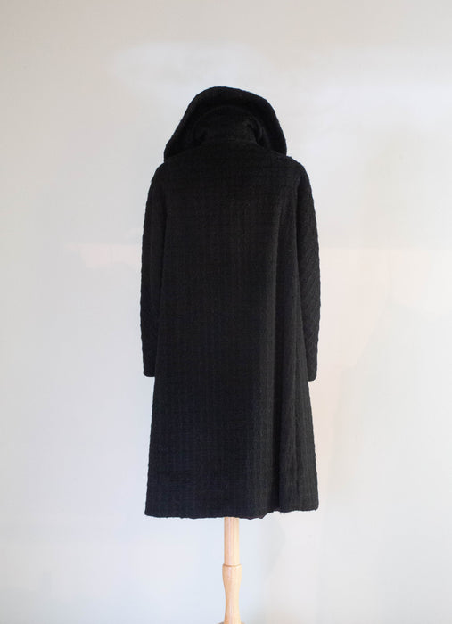 Dramatic 1950's Window Pane Black Forstmann Wool Cocoon Coat / ML