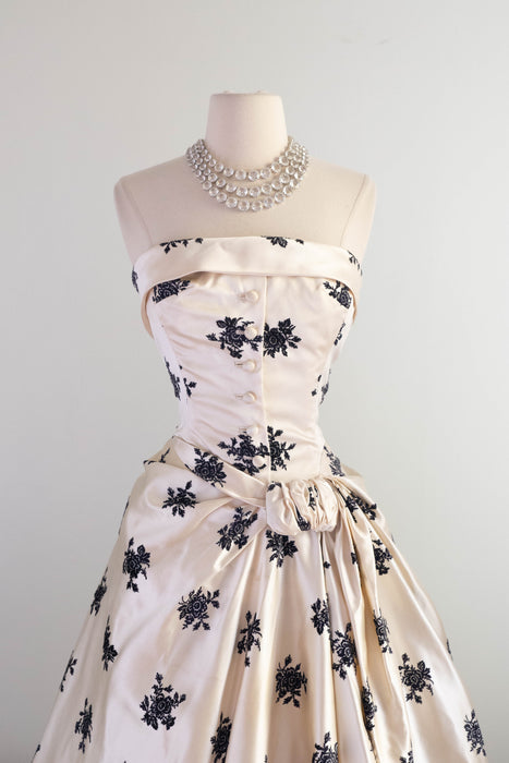 Exquisite 1950's Hattie Carnegie Ivory Silk and Flocked Velvet Evening Dress / SM