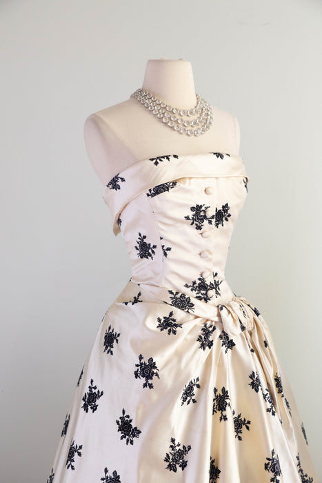 Exquisite 1950's Hattie Carnegie Ivory Silk and Flocked Velvet Evening Dress / SM