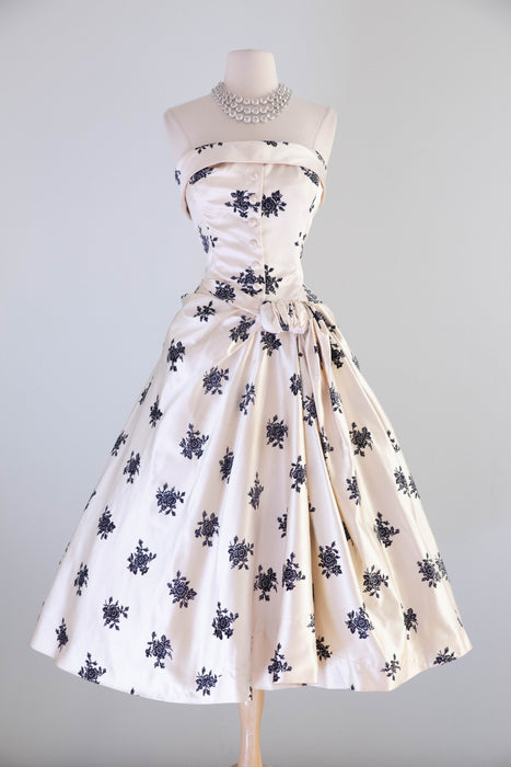 Exquisite 1950's Hattie Carnegie Ivory Silk and Flocked Velvet Evening Dress / SM
