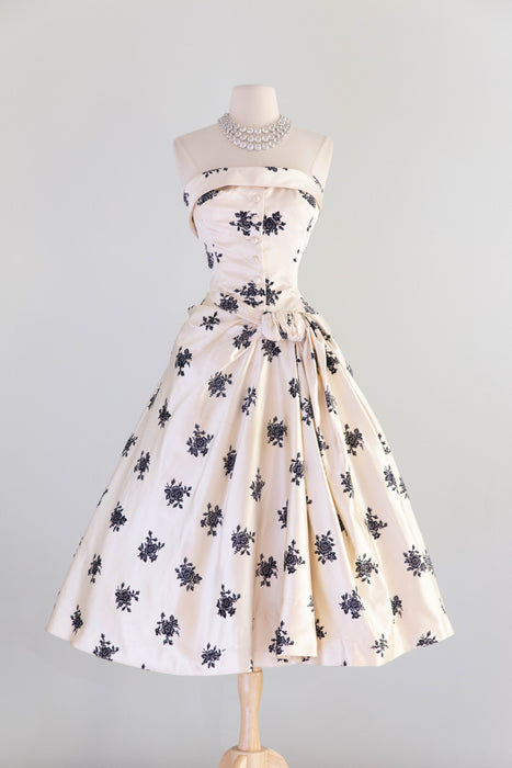 Exquisite 1950's Hattie Carnegie Ivory Silk and Flocked Velvet Evening Dress / SM