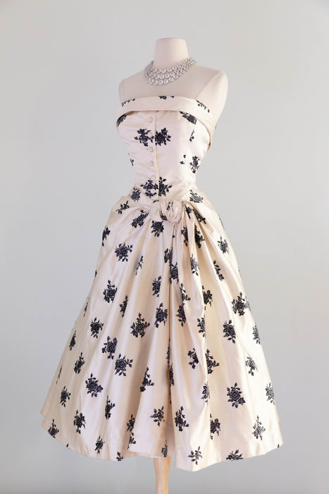 Exquisite 1950's Hattie Carnegie Ivory Silk and Flocked Velvet Evening Dress / SM