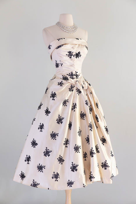 Exquisite 1950's Hattie Carnegie Ivory Silk and Flocked Velvet Evening Dress / SM