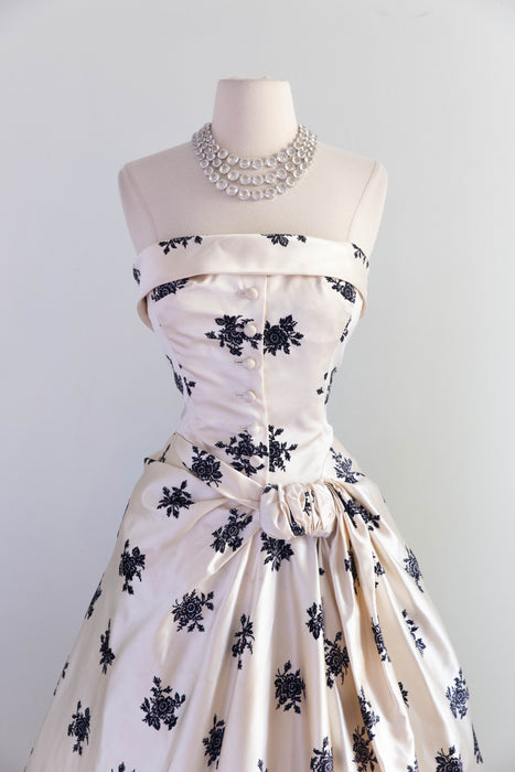 Exquisite 1950's Hattie Carnegie Ivory Silk and Flocked Velvet Evening Dress / SM