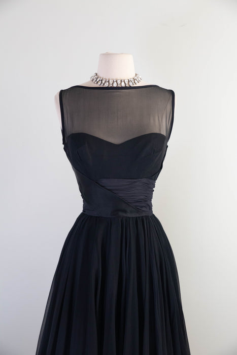 Sublime 1950's Don Loper Black Silk Chiffon Cocktail Dress / S