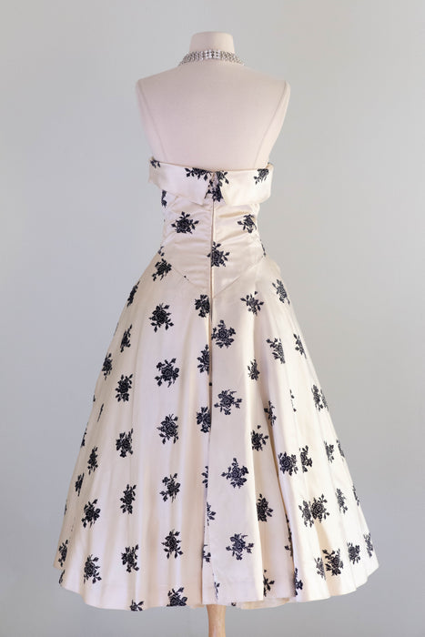 Exquisite 1950's Hattie Carnegie Ivory Silk and Flocked Velvet Evening Dress / SM