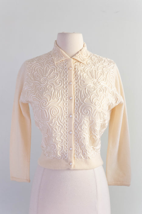 Marvelous 1950's Ivory Pearl Soutache Cashmere Cardigan By Hadley / SM