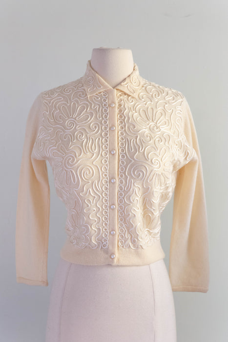 Marvelous 1950's Ivory Pearl Soutache Cashmere Cardigan By Hadley / SM