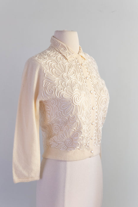 Marvelous 1950's Ivory Pearl Soutache Cashmere Cardigan By Hadley / SM