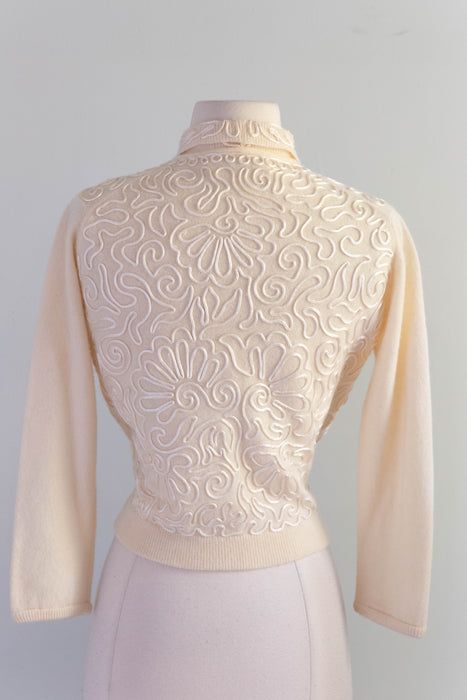 Marvelous 1950's Ivory Pearl Soutache Cashmere Cardigan By Hadley / SM
