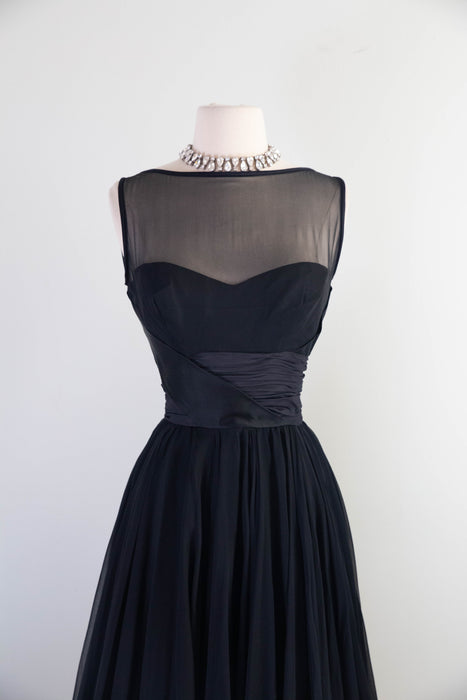 Sublime 1950's Don Loper Black Silk Chiffon Cocktail Dress / S