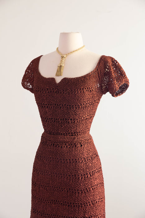 Beautiful 1940's Hand Crochet Dress in Chestnut / M