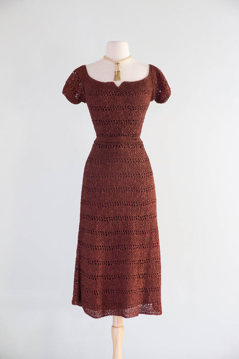 Beautiful 1940's Hand Crochet Dress in Chestnut / M