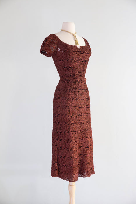 Beautiful 1940's Hand Crochet Dress in Chestnut / M