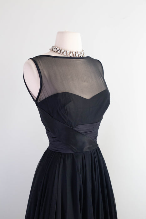 Sublime 1950's Don Loper Black Silk Chiffon Cocktail Dress / S